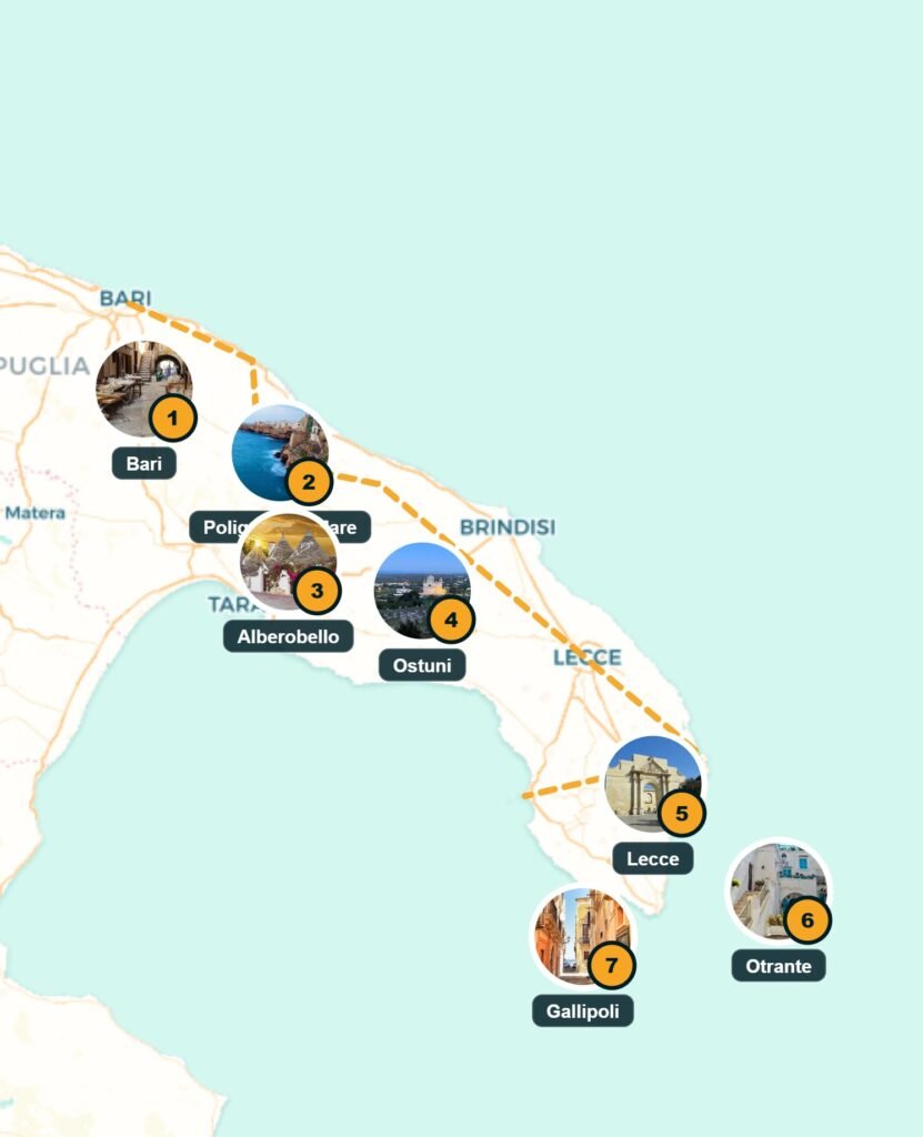 Carte des Pouilles avec le tracé de l'itinéraire en 7 jours : Bari, Polignano a Mare, Alberobello, Ostuni, Lecce, Otrante, Gallipoli